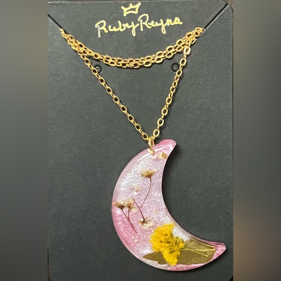 Pink Crescent Moon Necklace/ Resin/ Handmade/ Real Pressed Flowers - Picture 5 of 5